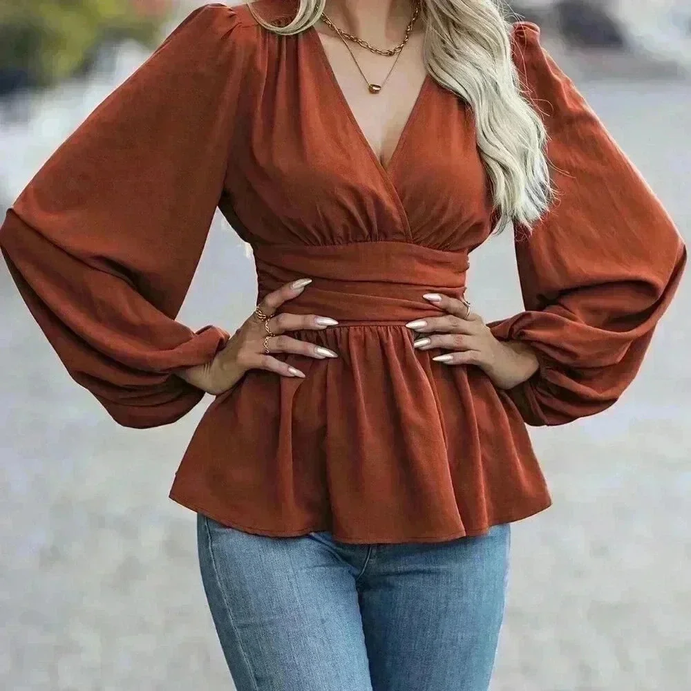 Rust Brown Elegant Women's Wrap Neckline Lantern Sleeve Blouse With Ruffle Hem - Picture 6 of 6